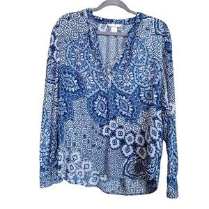 H&M Boho Blue and White Print V-neck Blouse size 6